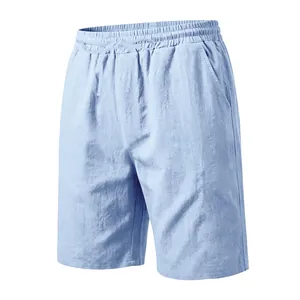 Lightweight breathable light blue men's linen beach shorts with elastic drawstring waist.
