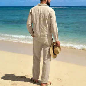 Detail showing back view and texture of men's casual beige linen beach shirt and pants