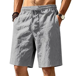 Detail of men's breathable grey linen-cotton casual shorts with drawstring and pockets