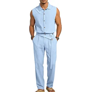 Conjunto de dos piezas para hombre con camisa sin mangas y pantalón de algodón y lino