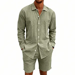 Détails d'un ensemble d'été décontracté en lin vert olive pour homme avec chemise