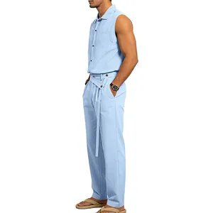 Conjunto de dos piezas para hombre con camisa de lino sin mangas y pantalón largo azul