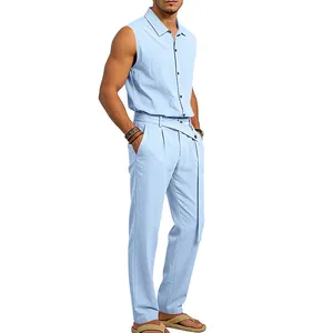 Conjunto de verano para hombre de dos piezas camisa sin mangas y pantalón de lino