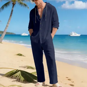 Ensemble de plage en lin bleu marine pour hommes avec sweat à capuche et pantalon