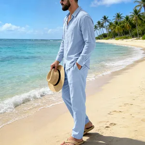 Men's light blue long-sleeve linen shirt and pants set perfect for beach leisure