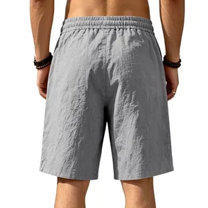 Detailed back view of men's breathable gray linen casual shorts with elastic waistband