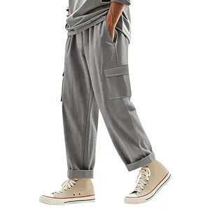 Professional men's loose linen cargo pants with multi-pockets in stylish light grey color