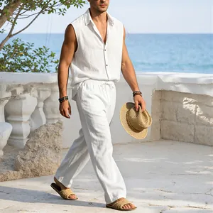 Men's sleeveless white linen shirt and trousers set for beach resort vacation style