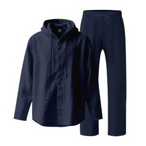 Ensemble deux pièces décontracté en lin bleu marine pour homme avec sweat à capuche