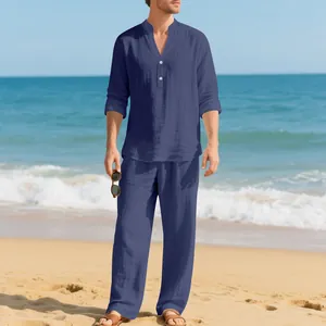 Set da spiaggia in lino blu traspirante da uomo con camicia a maniche lunghe e pantaloni