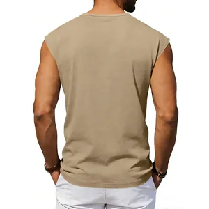 Detailed back view of a men's relaxed fit solid khaki sleeveless cotton tank top