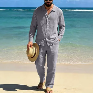 Stylish men's relaxed grey linen long sleeve shirt and pants two-piece beach vacation set