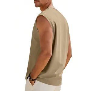 Detail back view of men's loose khaki sleeveless vest in lightweight breathable fabric