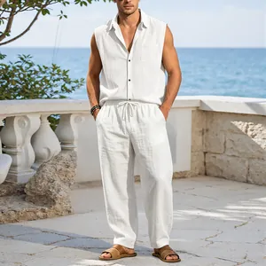 Full view of men's white linen sleeveless shirt and drawstring trousers set for vacation