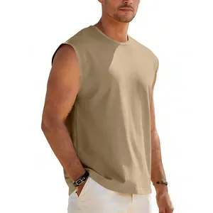 Close-up of the khaki loose fit round neck sleeveless casual sports tank top for men
