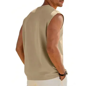 Back view of men's khaki sleeveless tank top, loose fit round neck casual vest