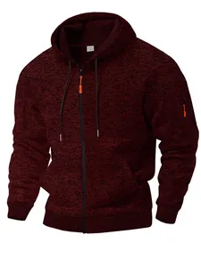 Felpa con cappuccio e zip in pile cationico pesante da uomo in rosso vino melange