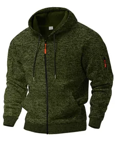 Felpa pesante con cappuccio e zip in pile cationico verde militare per uomo testurizzata