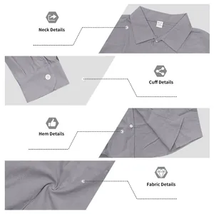 Detail views of gray linen beach shirt showing neck, cuff, hem and fabric texture