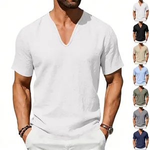 Detailed showcase of men's casual V-neck linen short sleeve shirt in various summer colors