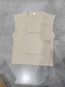Detailed top-down view of a men's beige sleeveless crew neck tank top for casual sport