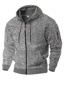 Felpa da uomo in pile cationico con zip, grigio mélange e accenti arancioni vivaci