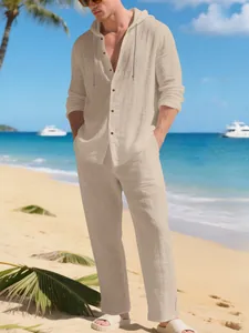 Ensemble de plage en lin respirant pour hommes avec sweat à capuche et pantalon