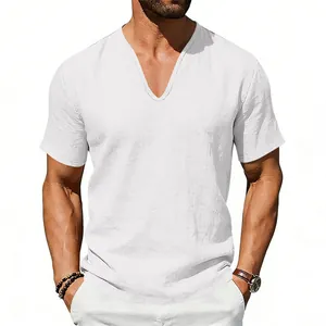 Detailed view of a men's casual white V-neck linen short-sleeve shirt with natural texture