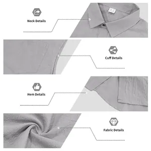Collage detallado de camisa de lino sin mangas para hombre con cuello, dobladillo y tela