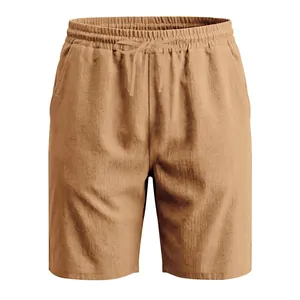 Front view of khaki men's linen casual shorts showing drawstring and fabric texture