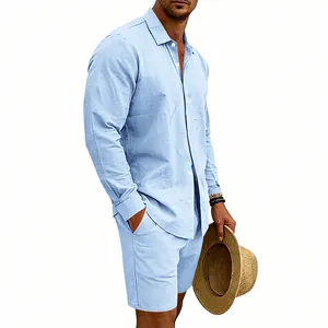 Ensemble d'été en lin pour hommes avec chemise à manches longues et short assorti décontracté