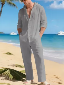 Ensemble de plage confortable en lin gris pour homme avec sweat à capuche et pantalon