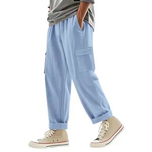 Men's loose light blue linen cargo pants with multi-pockets for breathable comfort