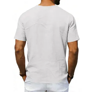 Close-up back view of a men's white casual linen short sleeve t-shirt with breathable fabric