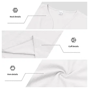 Close-up details of the V-neckline, sleeve cuffs and hem of a white casual shirt
