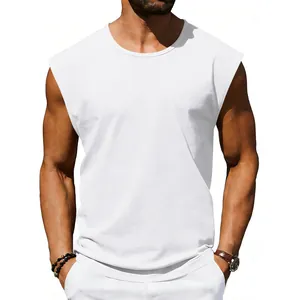 White crew neck sleeveless tank top for men, minimalist loose fit style for gym.