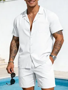 Herren Sommer Freizeit Oberteil und Unterteil Set Kurzarm Hemd und Shorts Lockere Passform Einfarbig Atmungsaktiv Strandkleidung