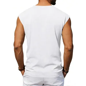 Back view of men's white sleeveless tank top with loose fit for casual sports wear