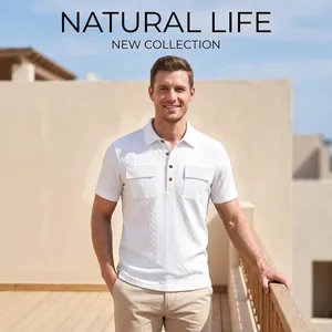Detail of white jacquard men's polo shirt with double chest pockets for business casual