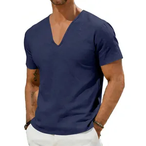 Close-up detail of a navy blue V-neck linen T-shirt for men showing casual fit and texture