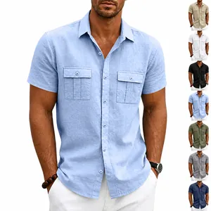 Men's Casual Linen Blend Short Sleeve Shirt Formal Polo Shirt Double Pockets Breathable Solid Color Button Down Top