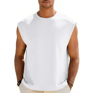 Close-up of white men's sleeveless crew neck T-shirt with a loose fit