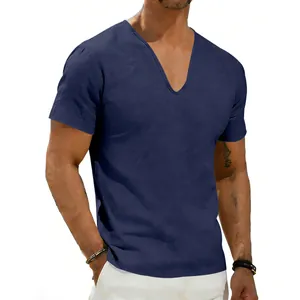 Close-up of navy blue men's V-neck linen shirt showing high-quality breathable fabric texture.