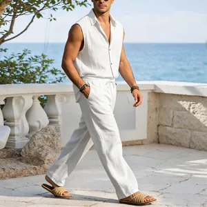 Men's white sleeveless linen shirt and pants set for a breathable summer vacation style