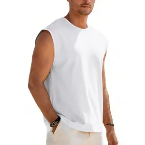 Close-up detail of a white sleeveless casual sports tank top shown on a male model.