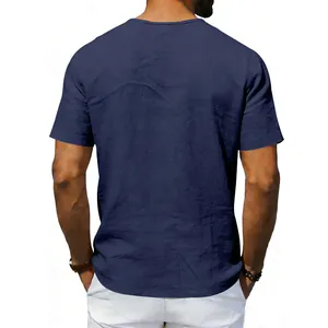 Back view of men's casual dark blue linen short sleeve t-shirt showing fabric texture