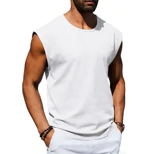 Close-up detail of a white sleeveless men's tank top showing the fit and cotton texture