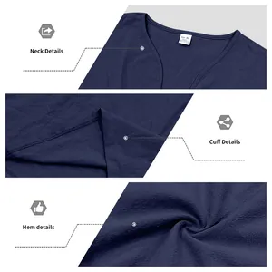 Detailed macro views of the neckline, cuffs, and hem on this navy blue cotton linen shirt