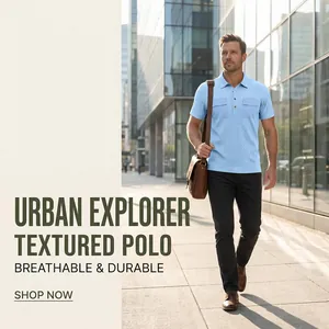 Light blue men's textured polo shirt with utility pockets in urban city street