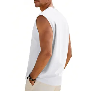Back side profile of a men's white sleeveless tank top featuring relaxed loose fit